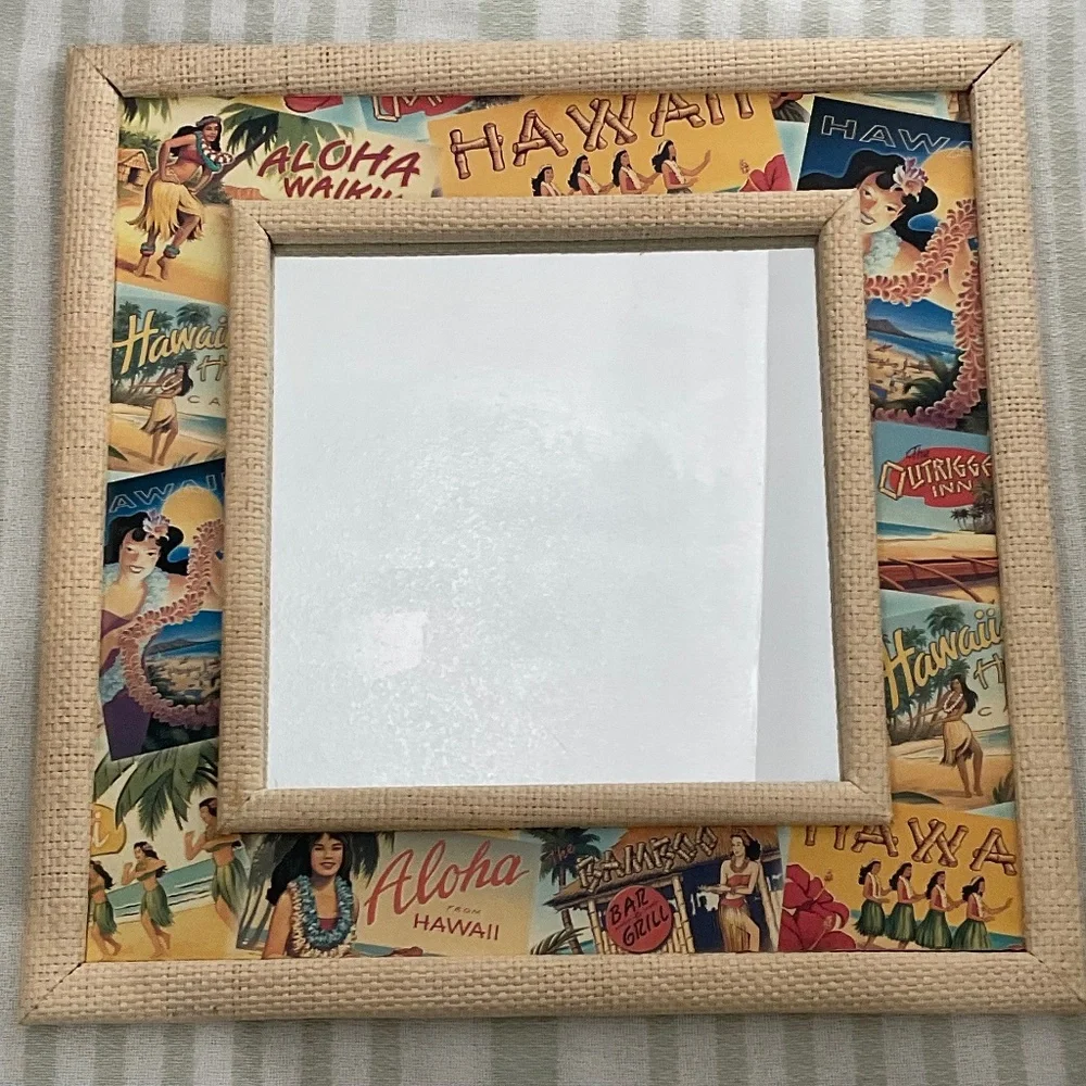 VTG Style Mirror raffia-textured frame Hawaiian Decor Tropical Tiki Bar Boho D
